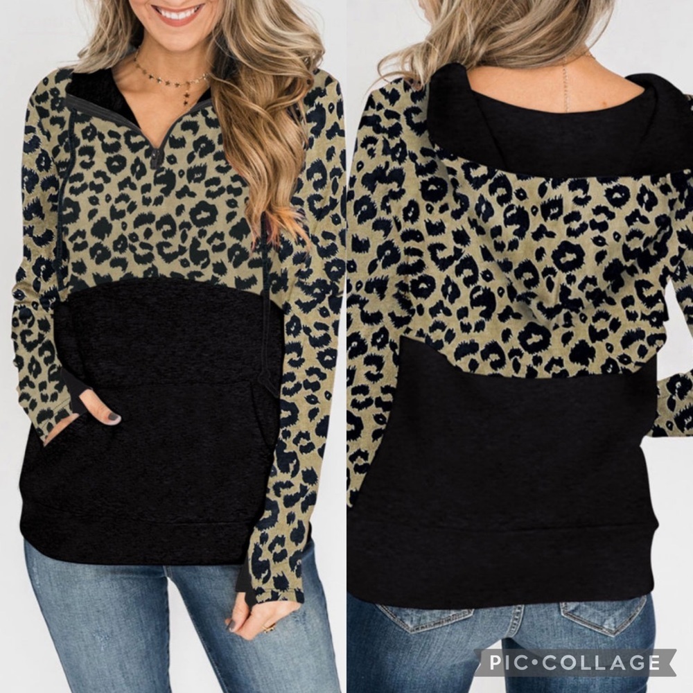 Leopard Print Color Block Patchwork Zip Collar Sw… - image 1